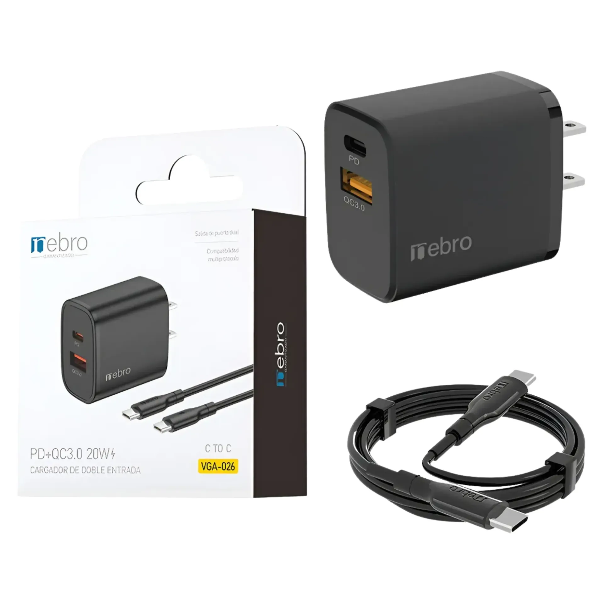 CARGADOR NEBRO VGA-026 COMBO USB A TIPO C 20W CON CABLE
