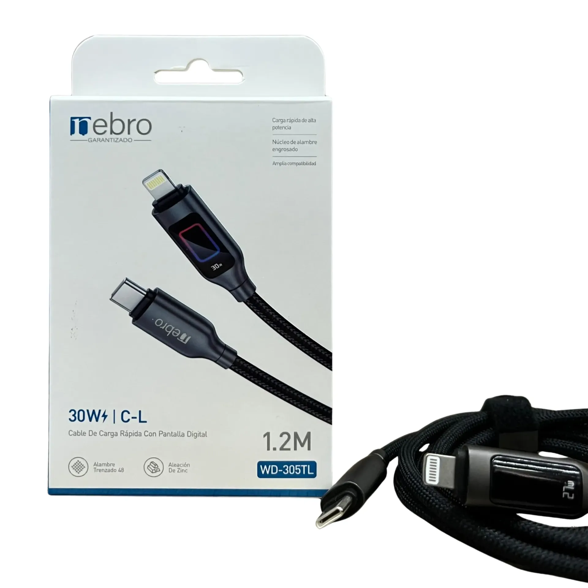 CABLE NEBRO WD-305TL DATOS DE CARGA RAPIDA CON PANTALLA DIGITAL TIPO-C A IP 30W 1.2M