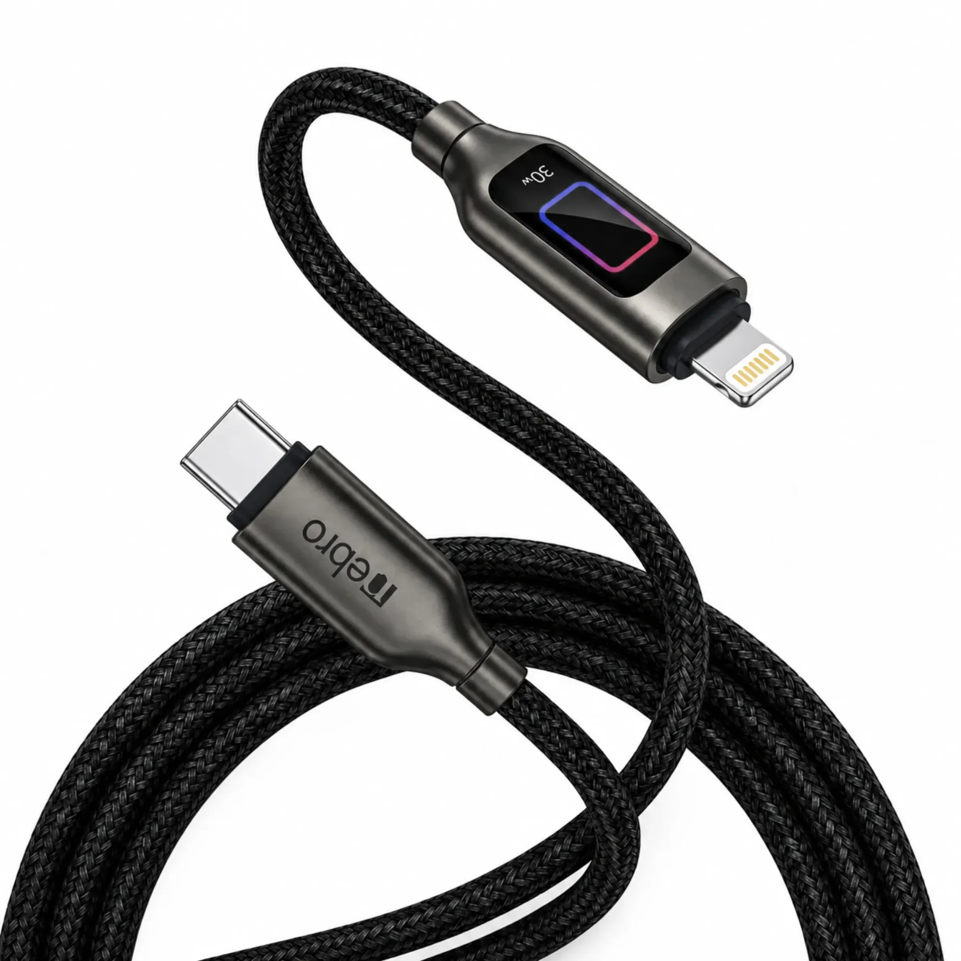 CABLE NEBRO WD-305TL DATOS DE CARGA RAPIDA CON PANTALLA DIGITAL TIPO-C A LIGHTNING 30W 1.2M