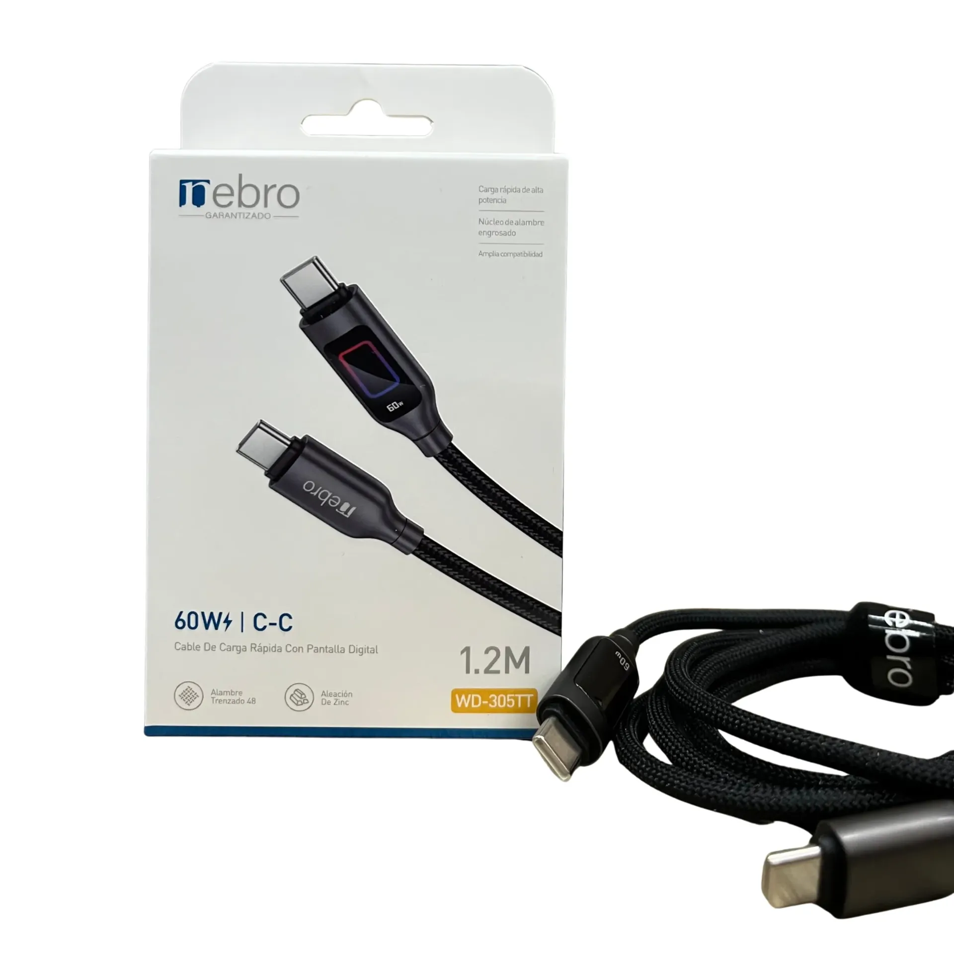 [105273] CABLE NEBRO WD-305TT DATOS DE CARGA RAPIDA CON PANTALLA DIGITAL TIPO-C A C 60W 1.2M (Negro)