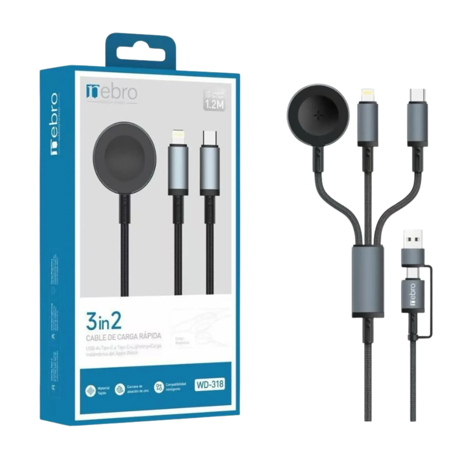 CABLE NEBRO WD-318 CARGA RAPIDA 3 EN 2 USB-A+TIPO-C+LIGHTNING+ CARGA INALAMBRICA APPLE WATCH 1.2M