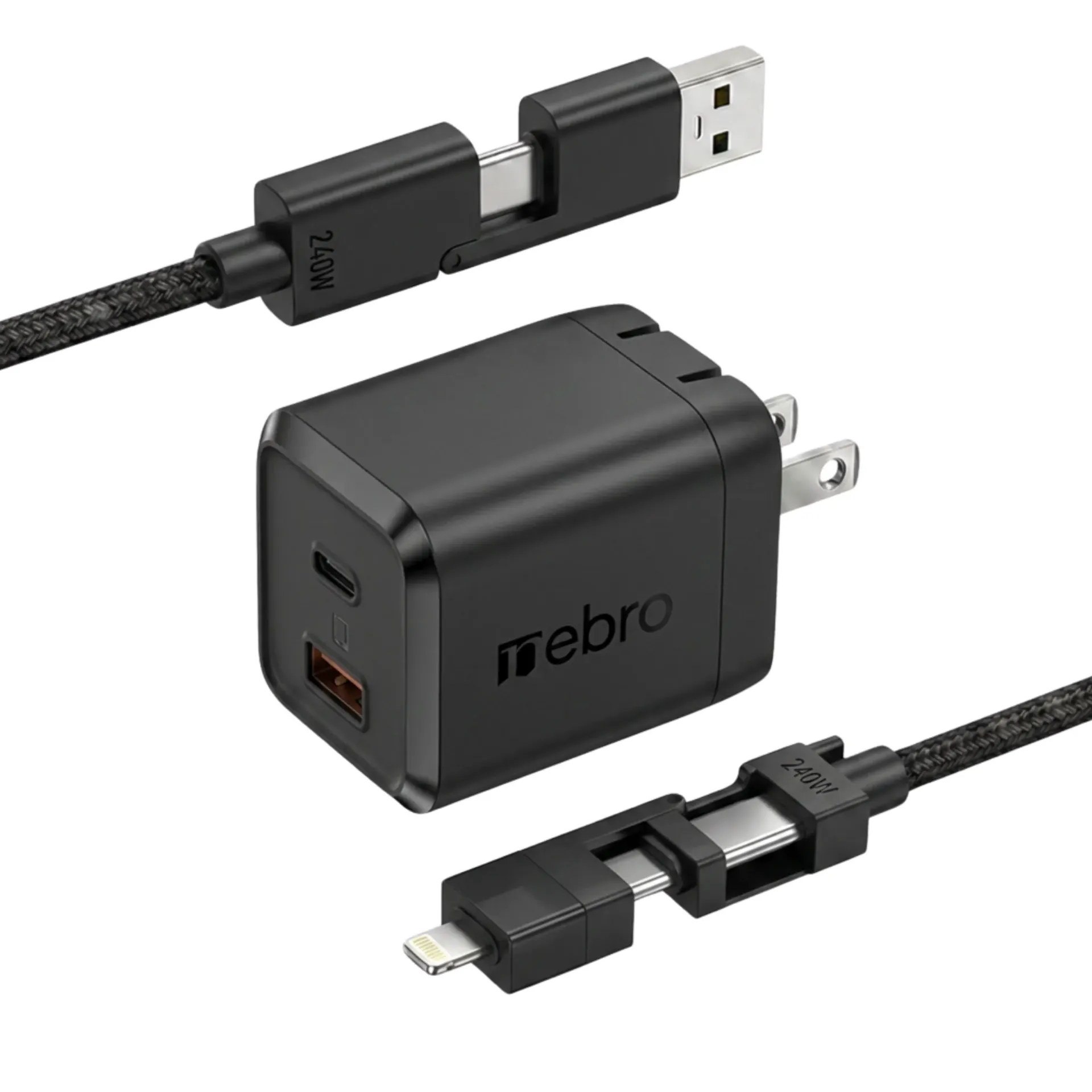 CARGADOR NEBRO COMBO VGA-206 USB-A / TIPO-C 2 PUERTOS 70W + CABLE 4 EN 1