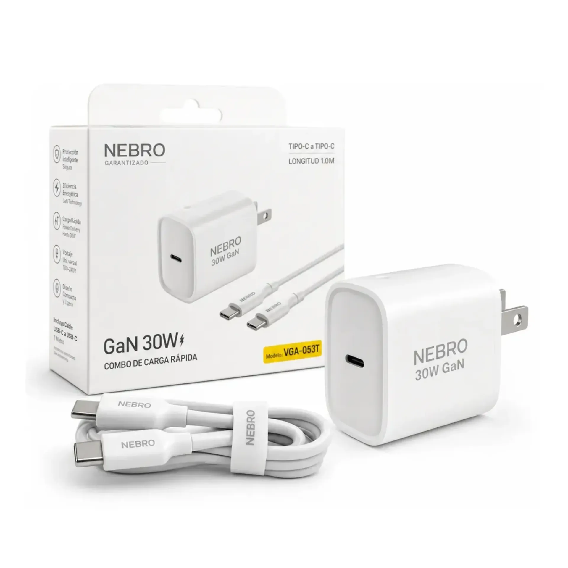 CARGADOR NEBRO COMBO VGA-053T TIPO-C GAN 30W + CABLE TIPO-C A TIPO-C 1M